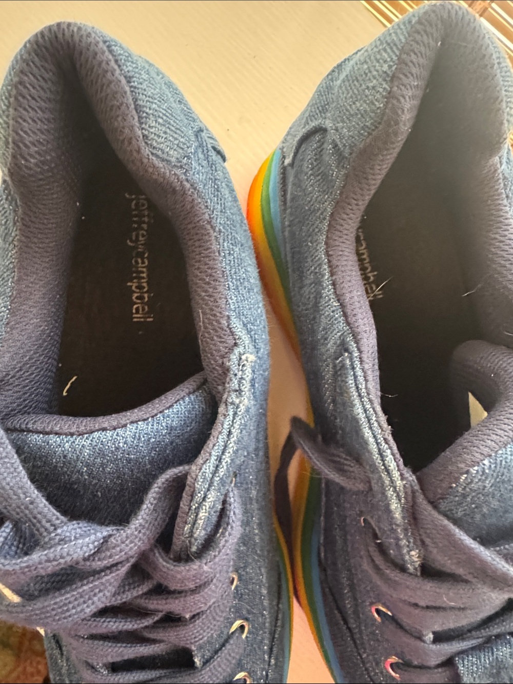 Jeffrey Campbell Navy Denim Platform Sneakers with Rainbow Layered Sole - Picture 2 of 7